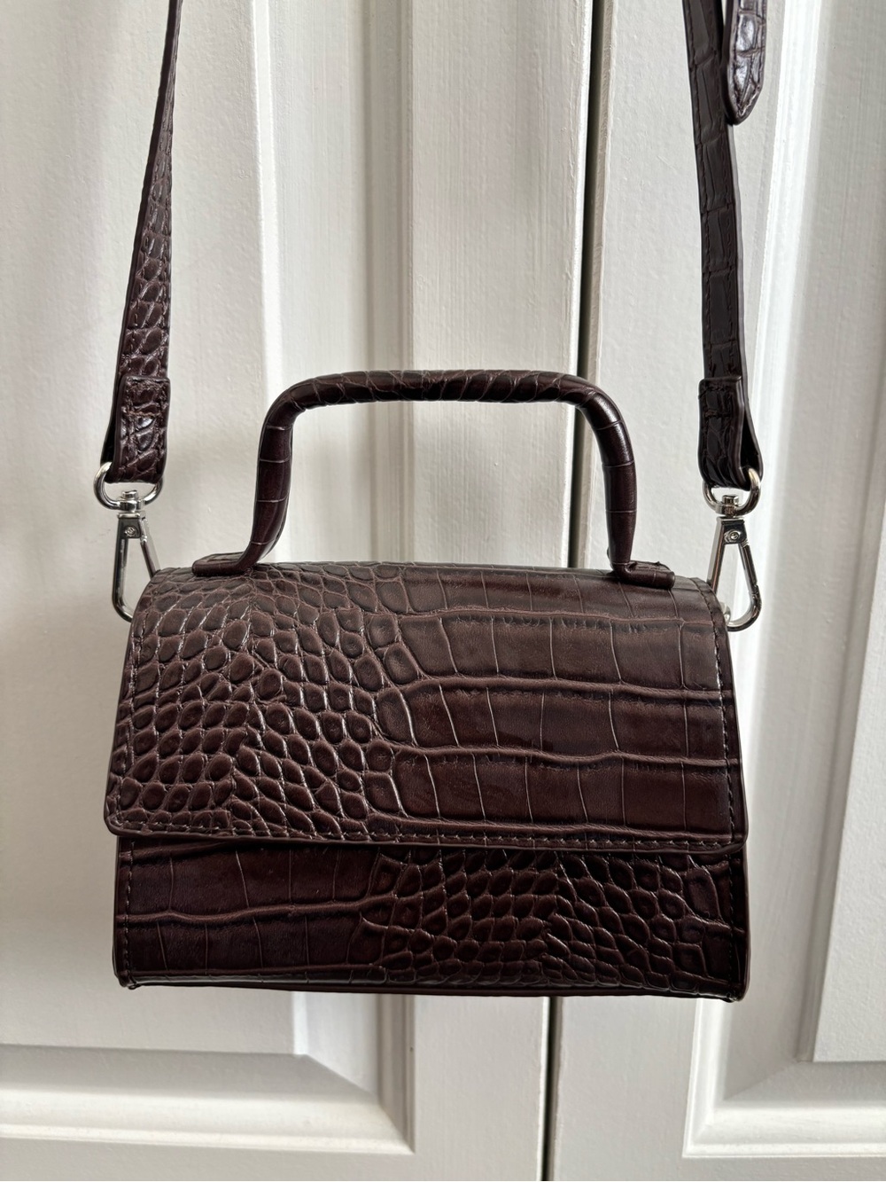 Zara Croc-Embossed Top-Handle Satchel in Dark Brown